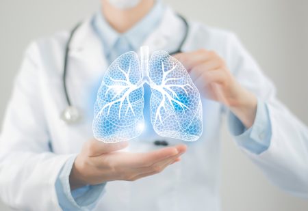 Female,Doctor,Holding,Virtual,Lungs,In,Hand.,Handrawn,Human,Organ,